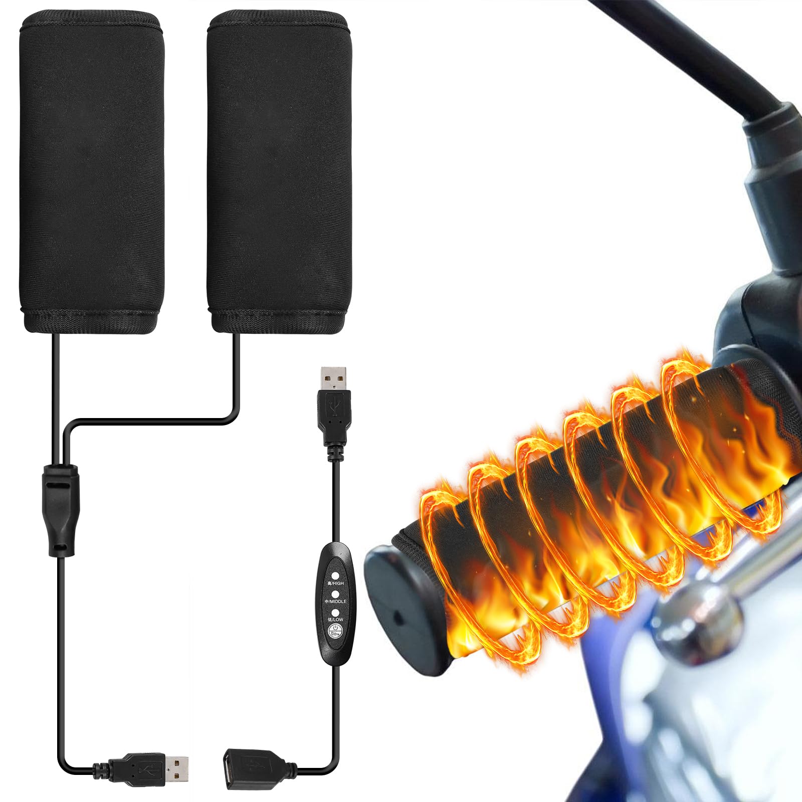 Motorrad Heizgriffe, 5V USB Abnehmbare Heizgriffe mit Temperaturschalter, 3 Modi 10.3x14CM Universal Handlebar Heizung, Beheizte Griffe Antirutsch für 