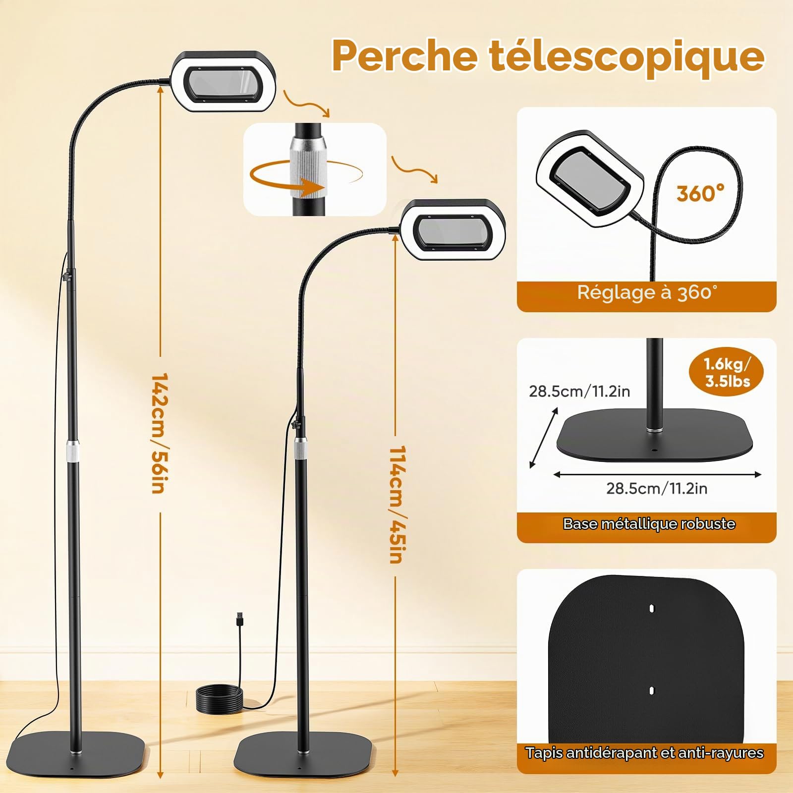 10X Lampe Loupe avec Lumière et Support, 3 en 1 Lampe Loupe sur Pied avec 60 LED à Luminosité Réglable, 5 Modes de Couleur, Loupe Éclairée pour Travail de Près, Couture, Artisanat, Loisirs