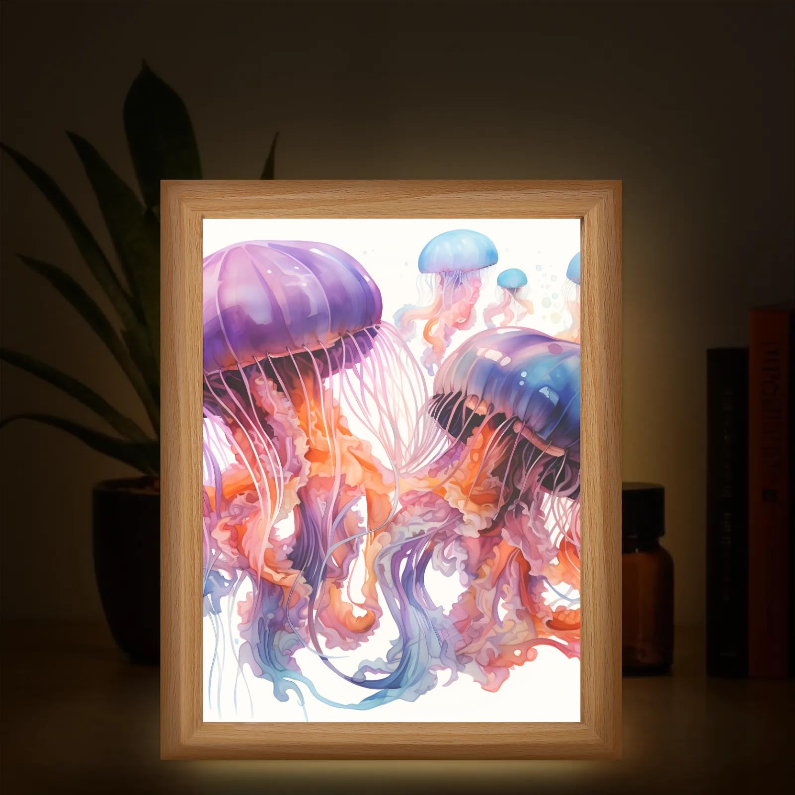 Light Up Painting, Magical Jellyfish Wall Art Picture Light Watercolor Jellyfish Light Up Art Decor, 10 Brightness USB Powered 3 Lighting Modes, Anxiety Relief Gift for Bedroom Home-Without Frame