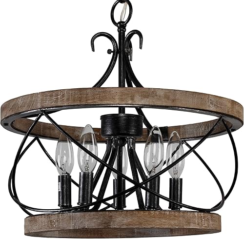 Miniatura 4 de Bella Depot Lámpara de araña rústica de madera con 5 luces, iluminación regulable, lámpara colgante ajustable para isla de cocina de 15.7 x 15.7