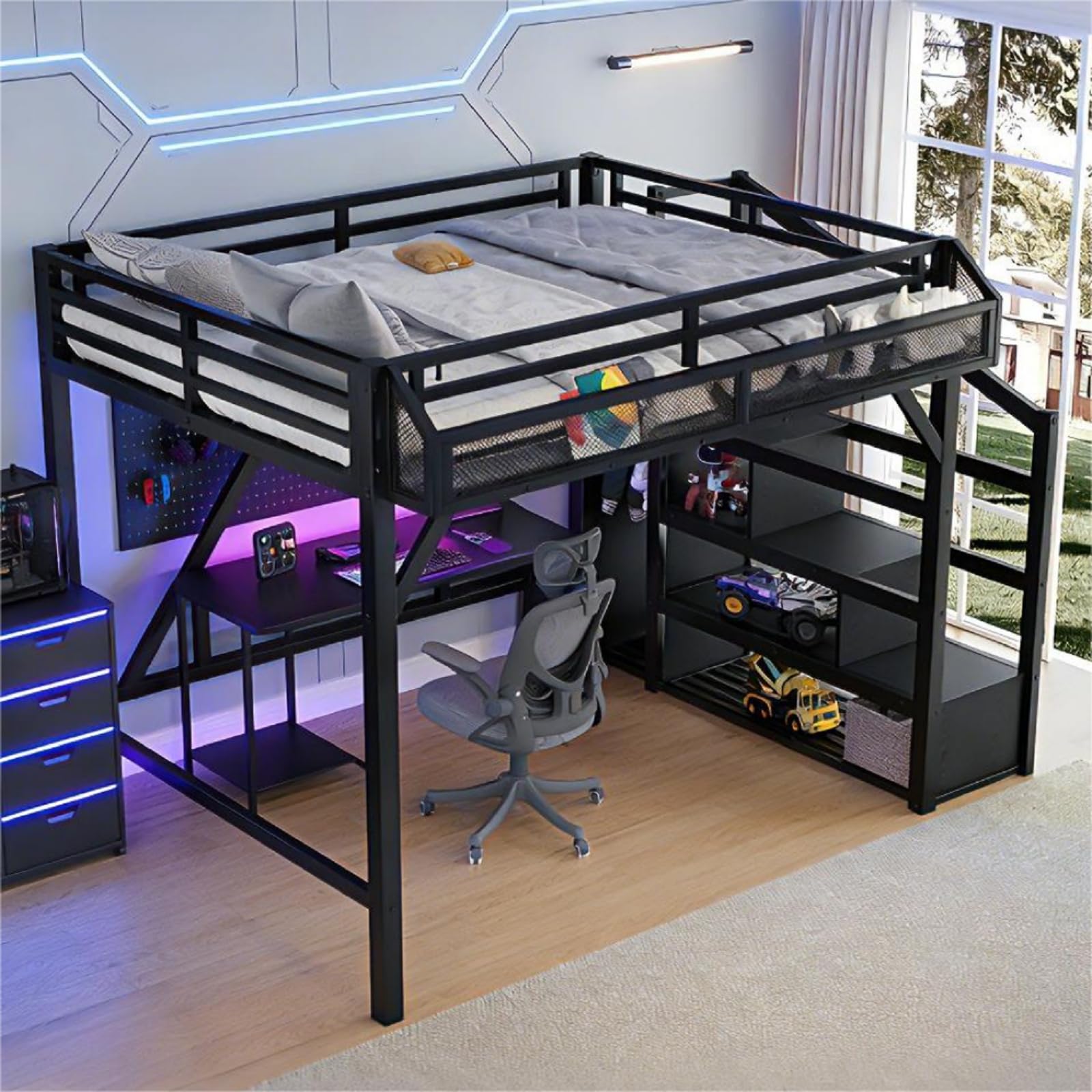 Photo 1 of ** SELLING FOR PARTS AS PARTIAL SET. ONE BOX OF TWO.**Bellemave Queen Loft Bed Frame with Storage Stairs, Beside Shelf & Wardrobe, Metal Queen Size Loft Bed with LED Light & USB Ports, Large Under-Bed Space Loft Beds for Adults, Teens, Kids, Black