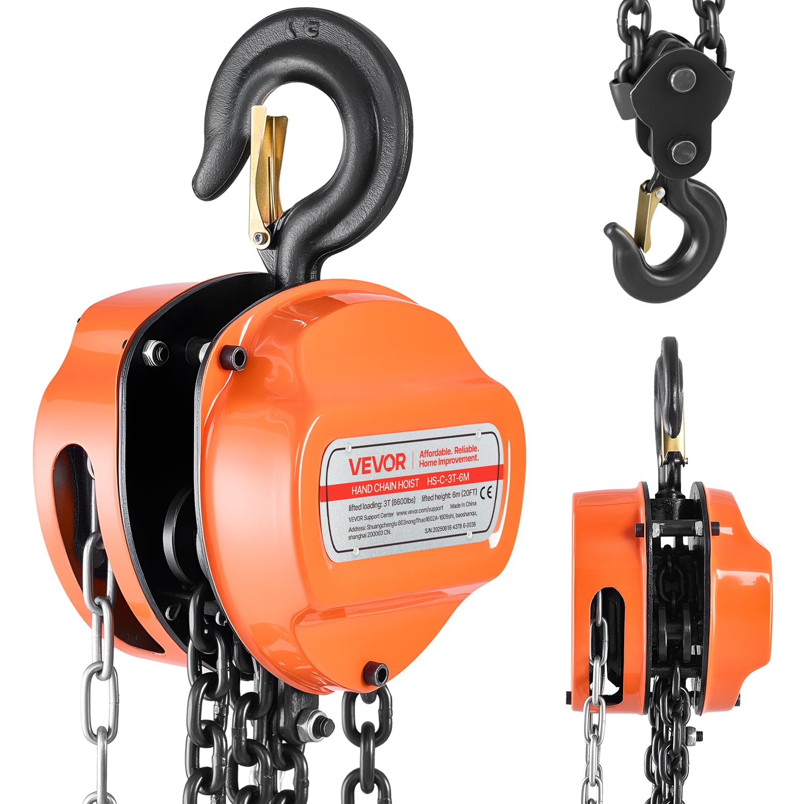 VEVOR Polipasto de Cadena Manual, Polipasto de Polea Resistente con Cadena Galvanizada G80 Mejorada, Altura de Elevación de 6 m Carga de 3 T para Garaje, Almacén y Maquinaria Automotriz, Naranja