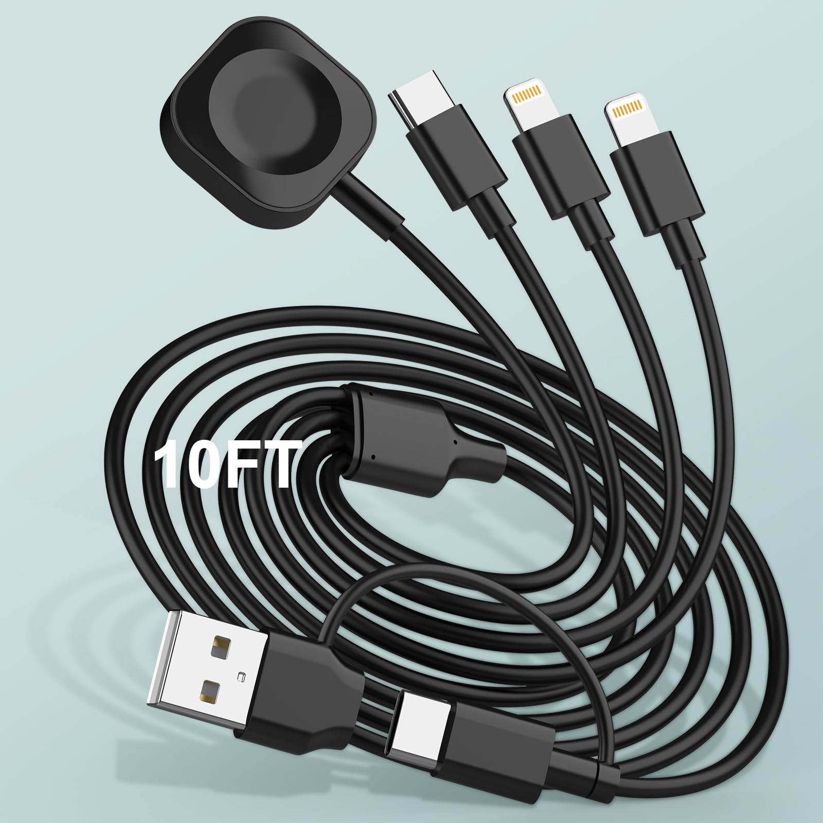 6in1 Multi Charging Cable for iWatch Charger, 10FT USB A/C Fast Charging Cord Cable Compatible with iWatch Ultra/SE/9/8/7/6/5/4/3 & Phone 16/15/14/13/