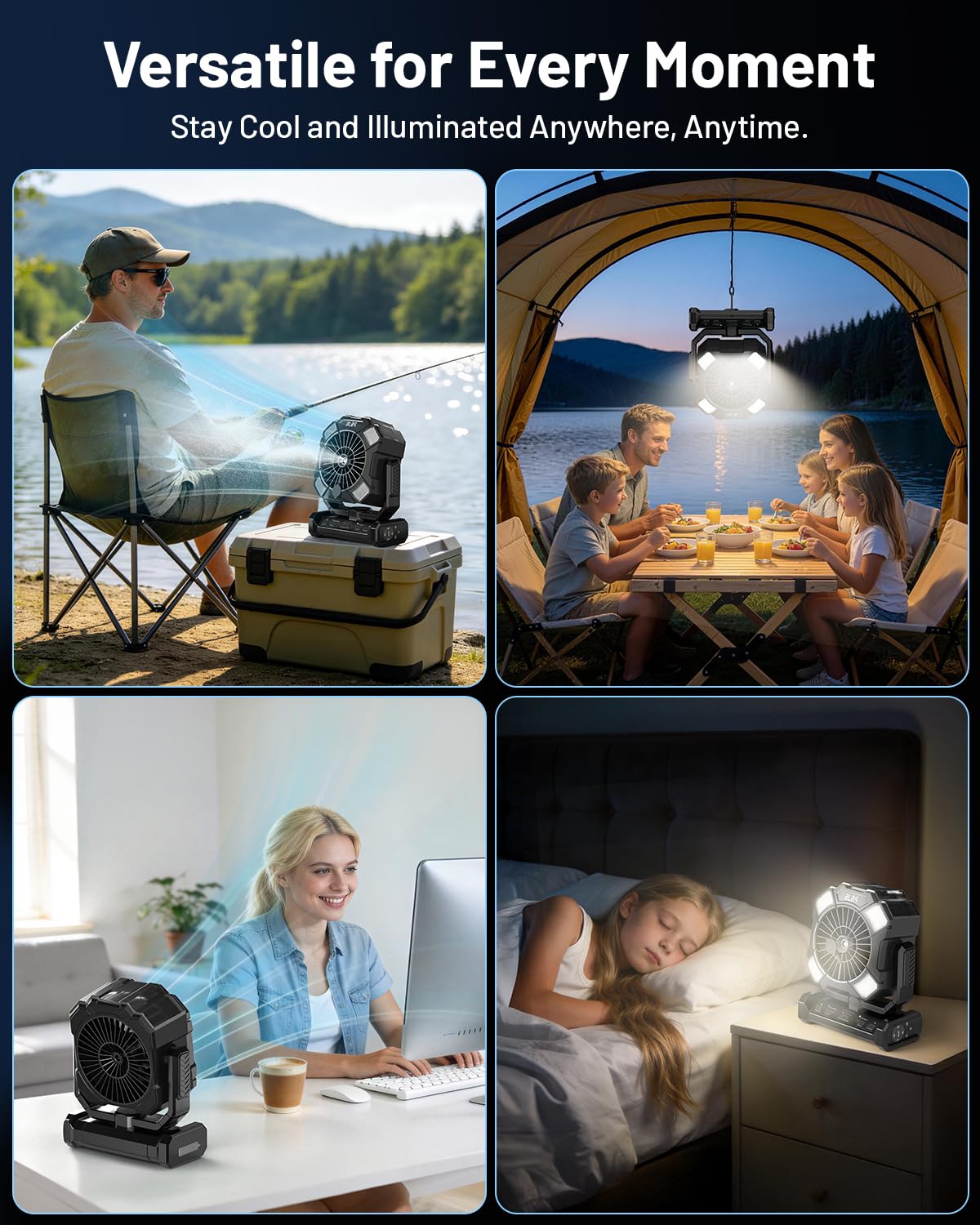 BLBS Ventilador de nebulización portátil de 24000 mAh con control remoto de 8 m, 4 velocidades de viento, capacidad de agua de 300 ml, 3 modos de iluminación, ideal para camping, uso al aire libre e
