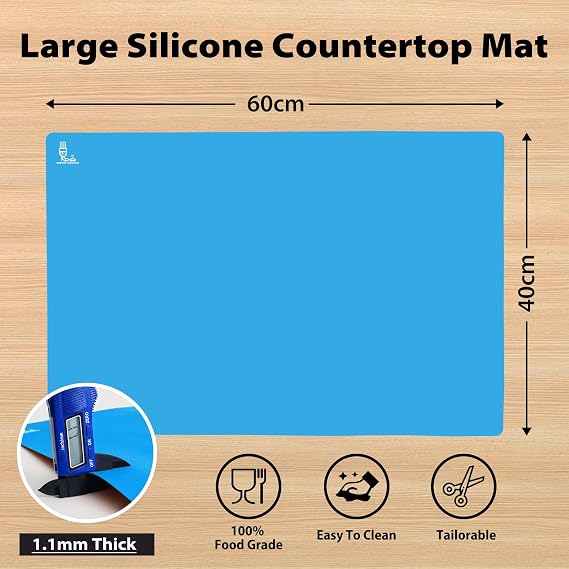 Non Stick Double Thick Silicone Pastry Baking Mat Heat Resistant Worktops | Extra Large Nonskid Placement Mat, Countertop Protector, Art and Craft Mat 60 x 40 cm (Blue)