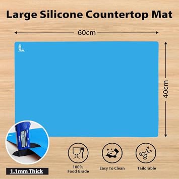 Non Stick Double Thick Silicone Pastry Baking Mat Heat Resistant Worktops | Extra Large Nonskid Placement Mat, Countertop Protector, Art and Craft Mat 60 x 40 cm (Blue)