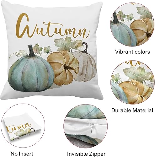 Miniatura 6 de Juego de 2 fundas de almohada decorativas para otoño, color azul, gris, calabaza, acuarela, fundas de almohada, fundas de cojín para sofá, tamaño de