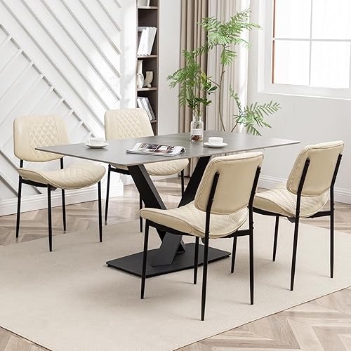 Vista 7 de Juego de 4 sillas de comedor modernas, sillas de comedor de cuero con patas de metal, sillas de comedor tapizadas para comedor, cocina, tocador