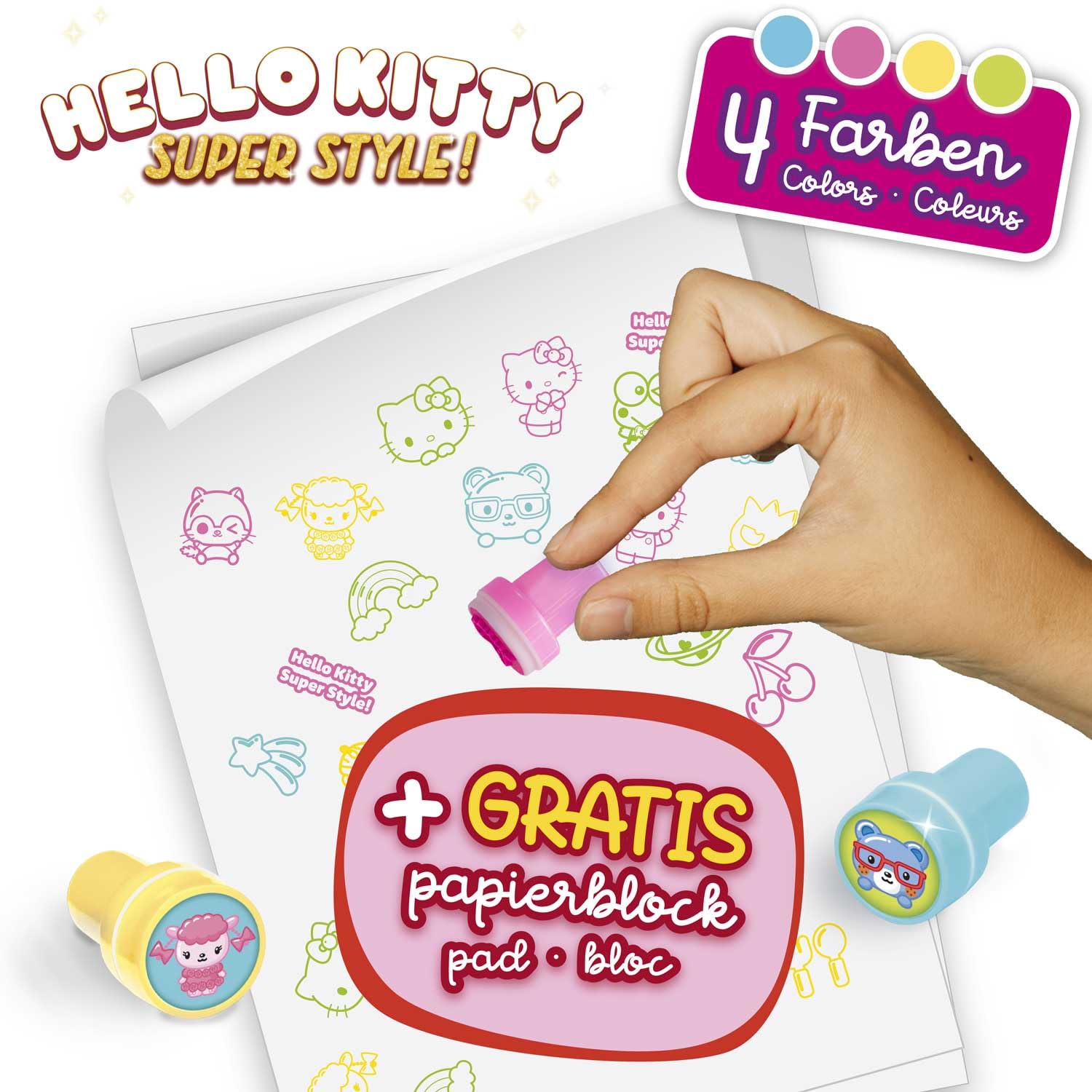 CRAZE 20 Sellos de Goma de Hello Kitty para Niños, Sellos Infantiles de 4 Colores, Incluye Bloc de Notas para Pintar, Tinta Lavable