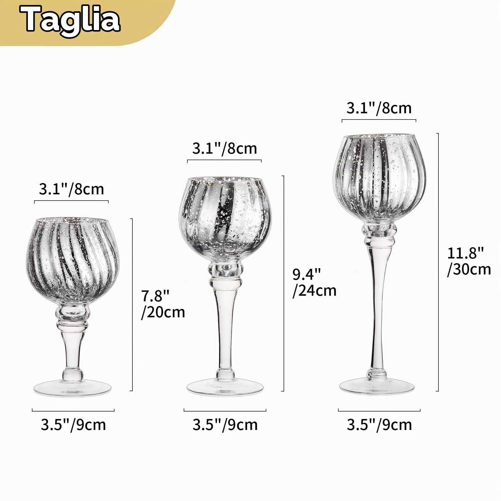 Nuptio Portacandele in Vetro 3 Pezzi Alti Portacandela al Mercurio Grande Porta Candele Argento in Vetro Lungo Stelo Pilastro Centrotavola per Festa Nozze Mantello Natale Decorazione Camino