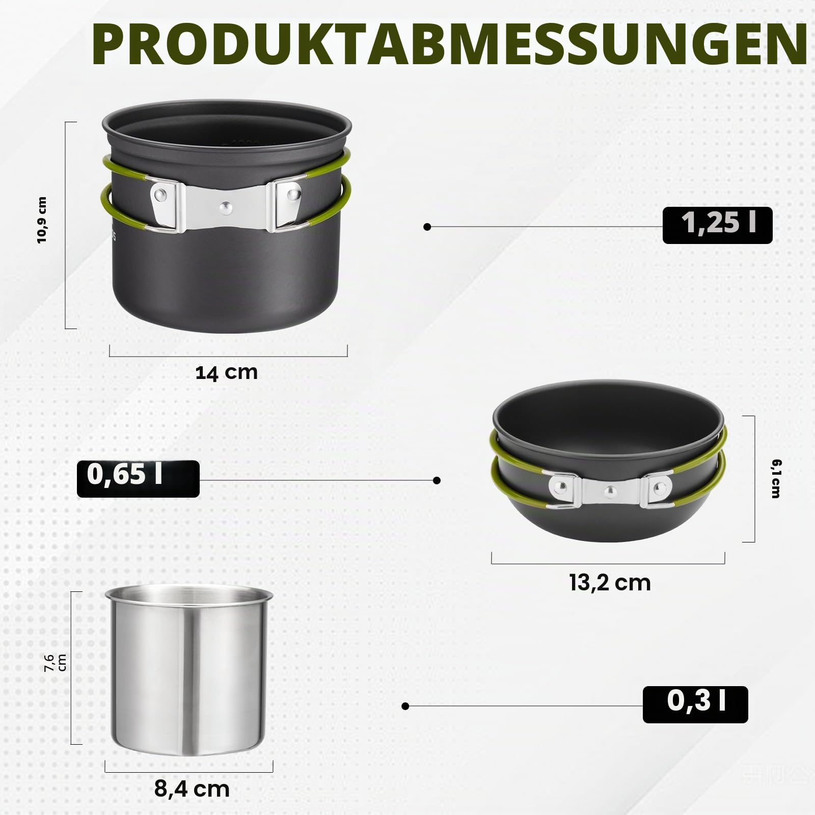 Outdoor Kochgeschirr Set Camping – 1,25 L Topf & 0,65 L Pfanne mit 0,3 L Edelstahlbecher – Leichtes, Robustes Trekking Kochset mit Besteck für Wandern, Backpacking, Picknick & Solo Camping