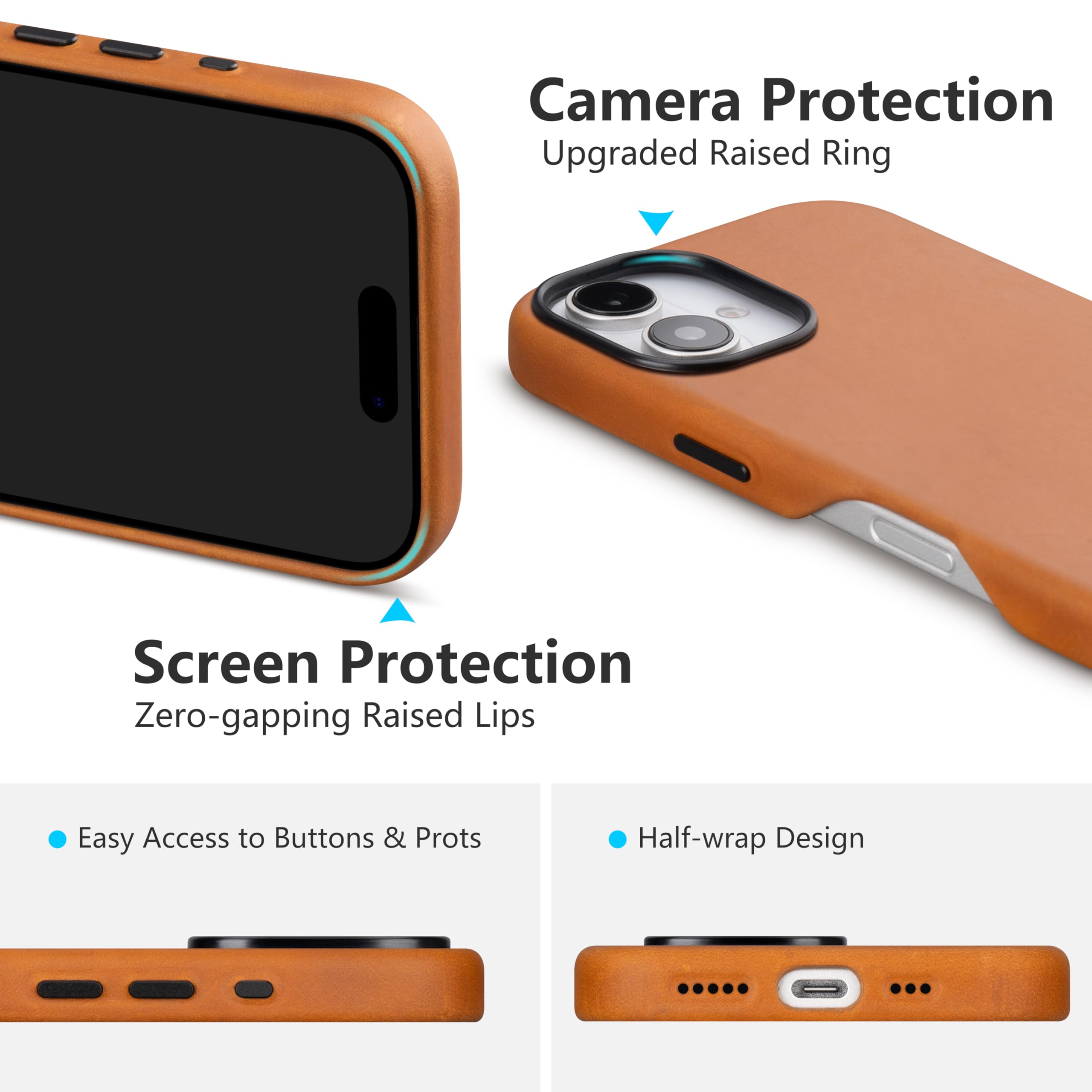 maogoam for iPhone 16 Case Leather, Compatible With MagSafe, Genuine Vintage Crazy Horse Leather - Image 4