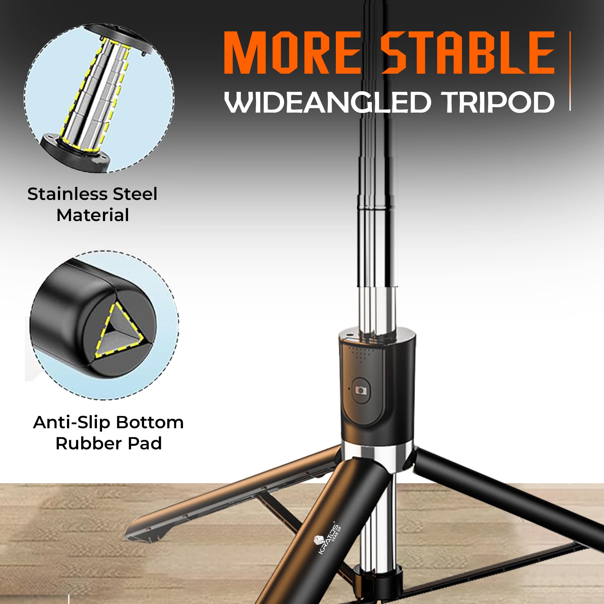 Kratos K9 Selfie Stick Tripod With Light, 67 inch /170CM Reinforced Tripod for Mobile Phone, Multi-Functional Bluetooth Long Selfie Stick for Travel,Vlogging,Compatible with iPhone and All Smartphones image 4