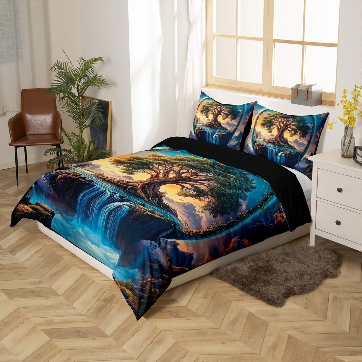 Manfei Tree of Life Duvet Cover Toddler Size,Boho Themed Natural Landscape Bedding Set,Mystery Galaxy Starry Comforter Cover 2PCS,Vintage Farmhouse Style Quilt Cover,1 Pillowcase(Not Comforter)