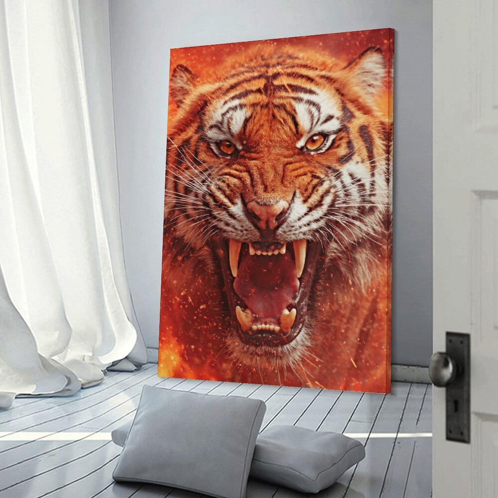 Junmoney Roaring Tiger Portrait in Fiery Hues Canvas Wall Art 08x12inch(20x30cm), for Work Areas, Reading Rooms Or Studios, A Smart Decor Choice for Study Walls