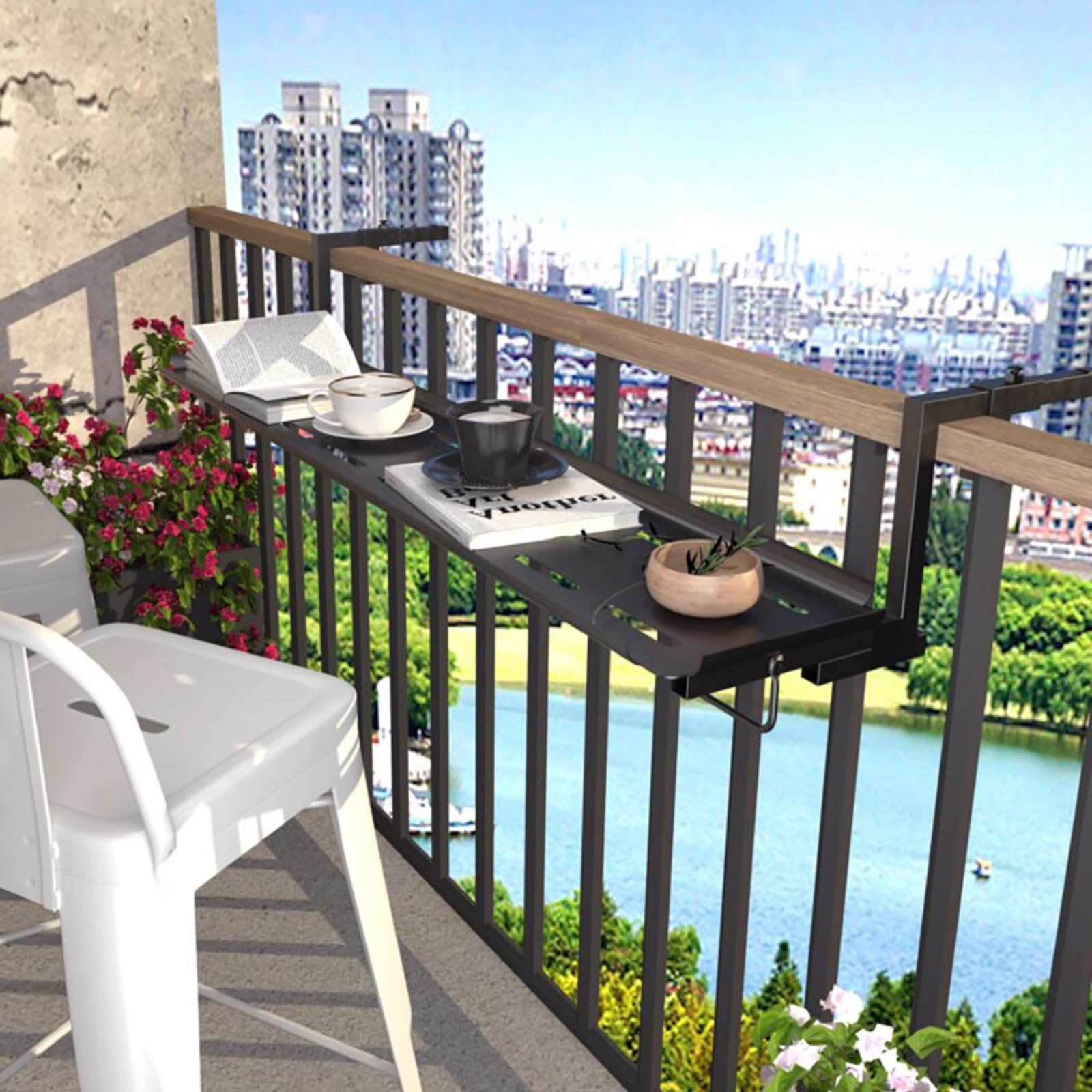 Tavolo pieghevole da balcone, tavolo da terrazza, tavolo da balcone esterno regolabile in altezza a 7 altezze, tavolo da ringhiera per balcone, tavolo da terrazza per balcone con ringhiera per