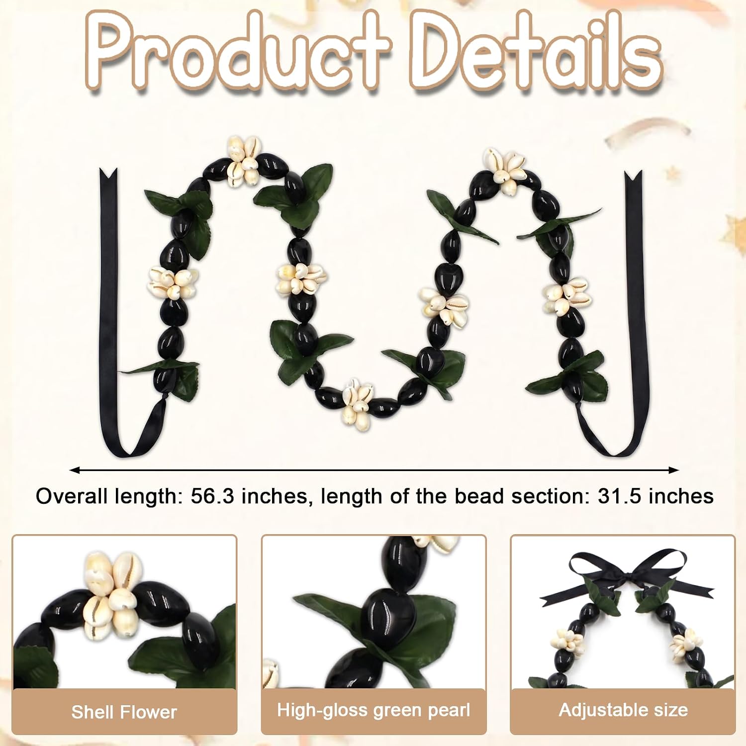 Hawaiian Kukui Nut Lei Necklace with Shell Flower, High-Gloss Pearl Beads Summer Beach Party Garland