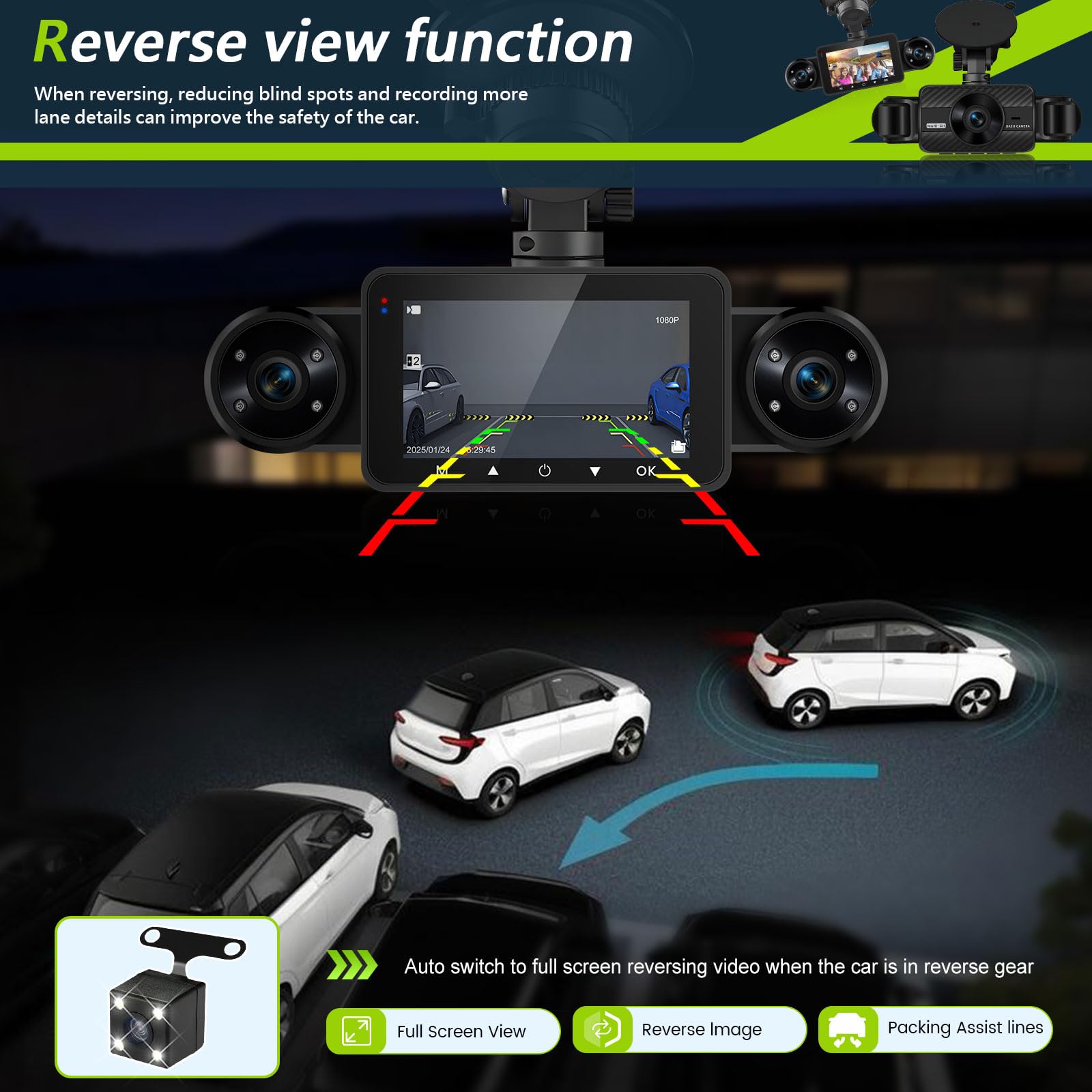 Hodozzy Cámara de Salpicadero Delantera y Trasera de 360° con 4 Cámaras, 1080P, 8 LEDs de Visión Nocturna IR, Pantalla Táctil IPS de 3", Grabación en Bucle, Sensor G, Visión Nocturna+Tarjeta SD de 64G