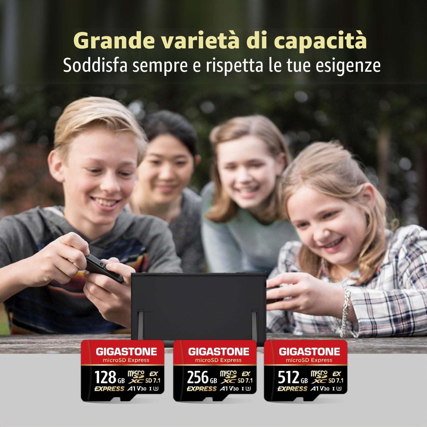 【Progettato per Switch 2】GIGASTONE microSDXC Express 128 GB, R/W fino a 880/500MB/s, compatibile con Nintendo Switch 2, fotocamera professionale, A1 V30 U3, con adattatore e lettore di schede USB-C