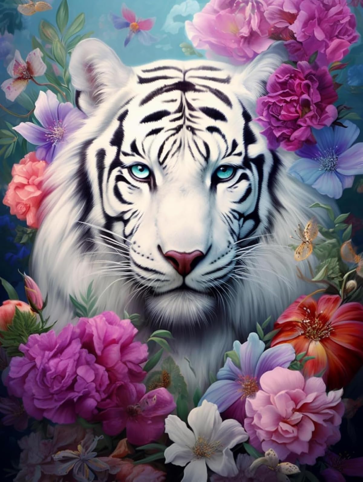 Rkflgew B Diy Ead Embroidery Kits Fantasy White Tiger Animal And Flowers Diy Embroidery Eads Printed 9Ct Cross Stitch Kit Needlework Set Home Art Decor 40X50cm