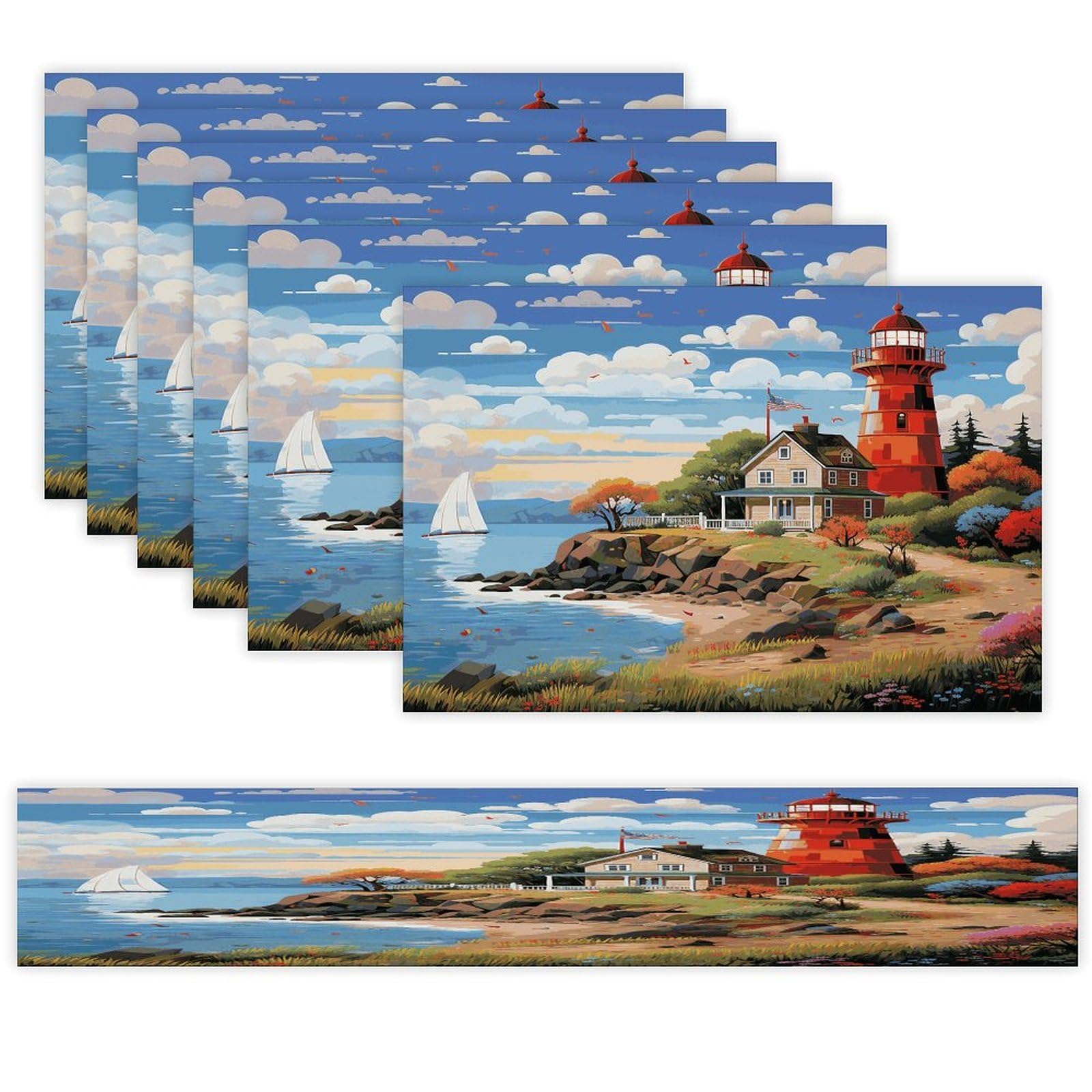 Coastal Lighthouse Table Runner and Placemats Set of 6 Heat Resistant Washable Linen Place Mats Farmhouse Long Table Runner Xmas Kitchen Table Mats Art Dining Table Decor for Daily Use