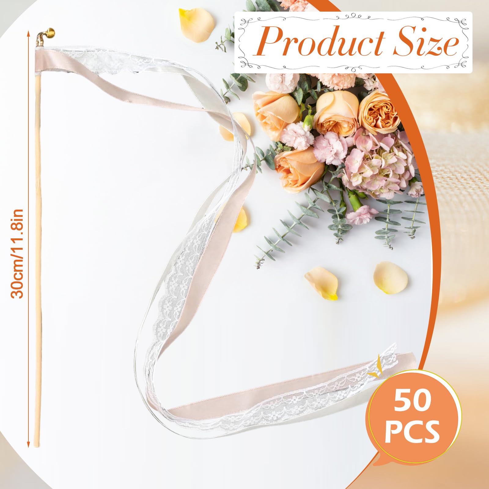 Lot de 50 baguettes de mariage en champagne avec cloche, baguettes de mariage en dentelle romantique avec rubans de mariage, baguettes magiques pour mariage et serpentins, cadeaux pour