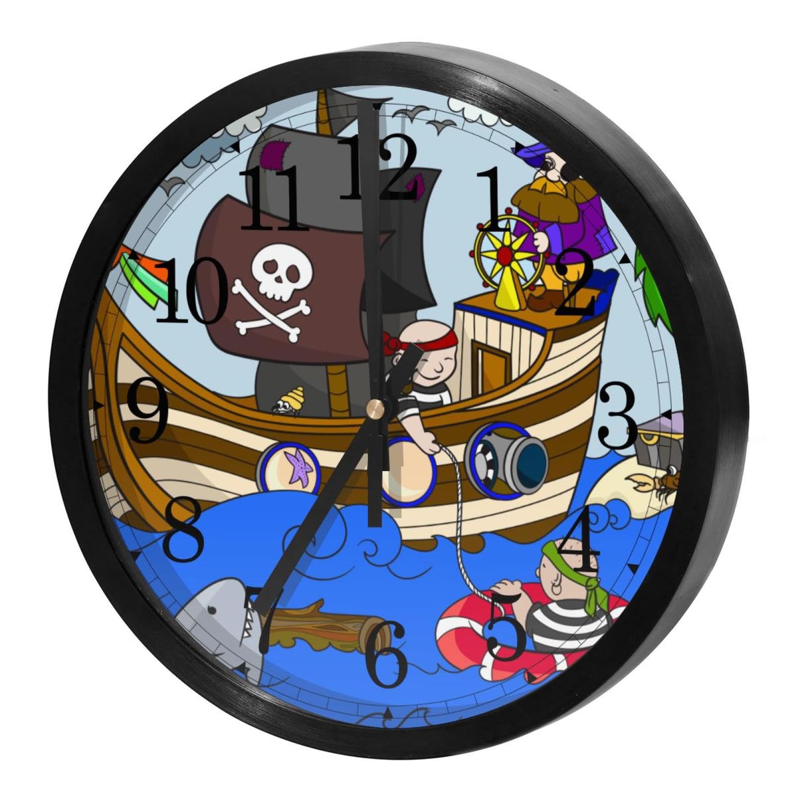 Horloge murale ronde pour maison, cuisine et bureau au design thématique Océan Pirate