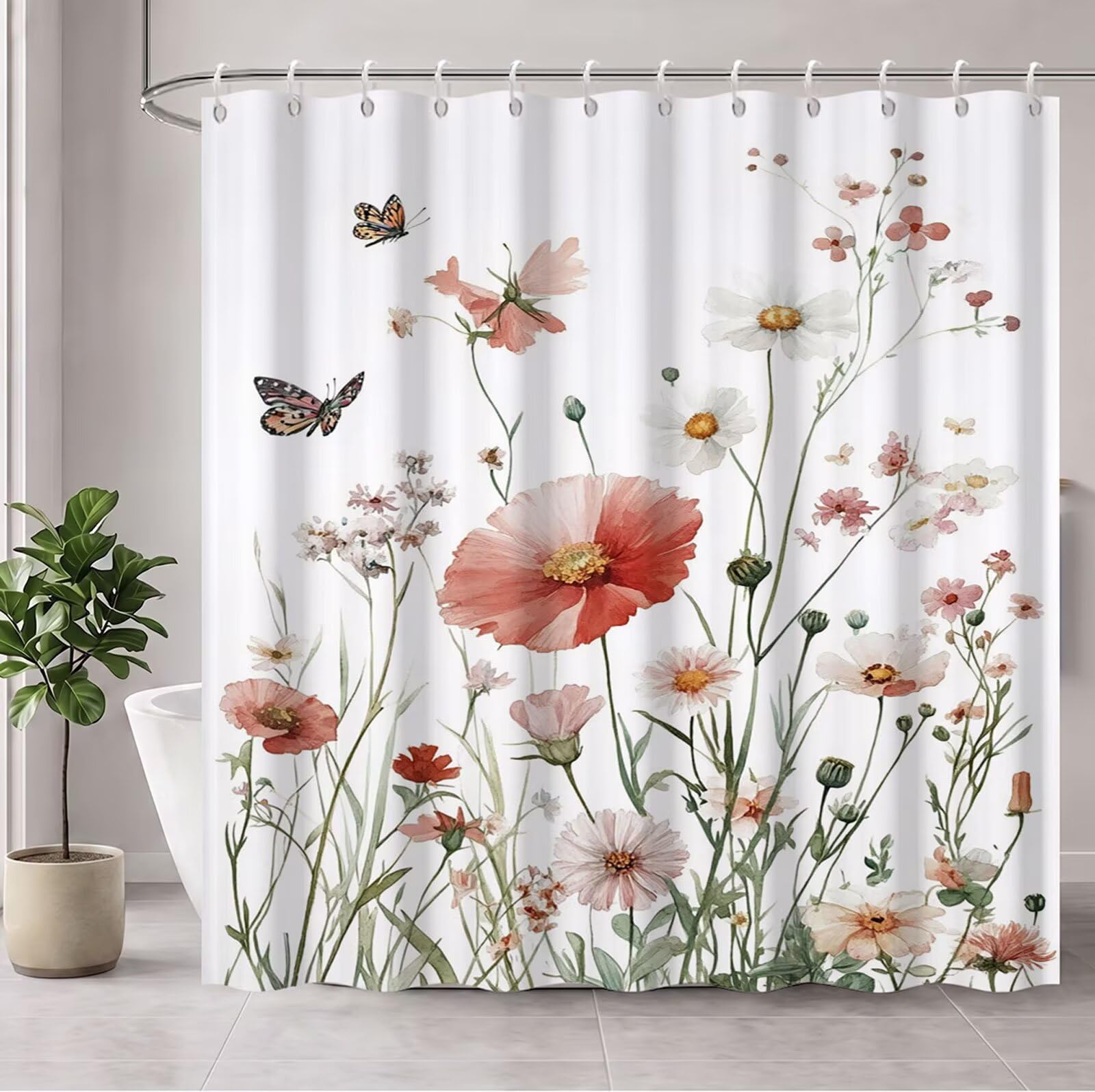 Rideau Douche Blanc Rideau de Douche Anti Moisissure Imperméable Tissu Polyester Shower Curtain avec Ourlet Inférieur Lesté, 12 Crochets Lavable Shower Curtain pour Décor 220 x 200 cm Plantes 3Y#177