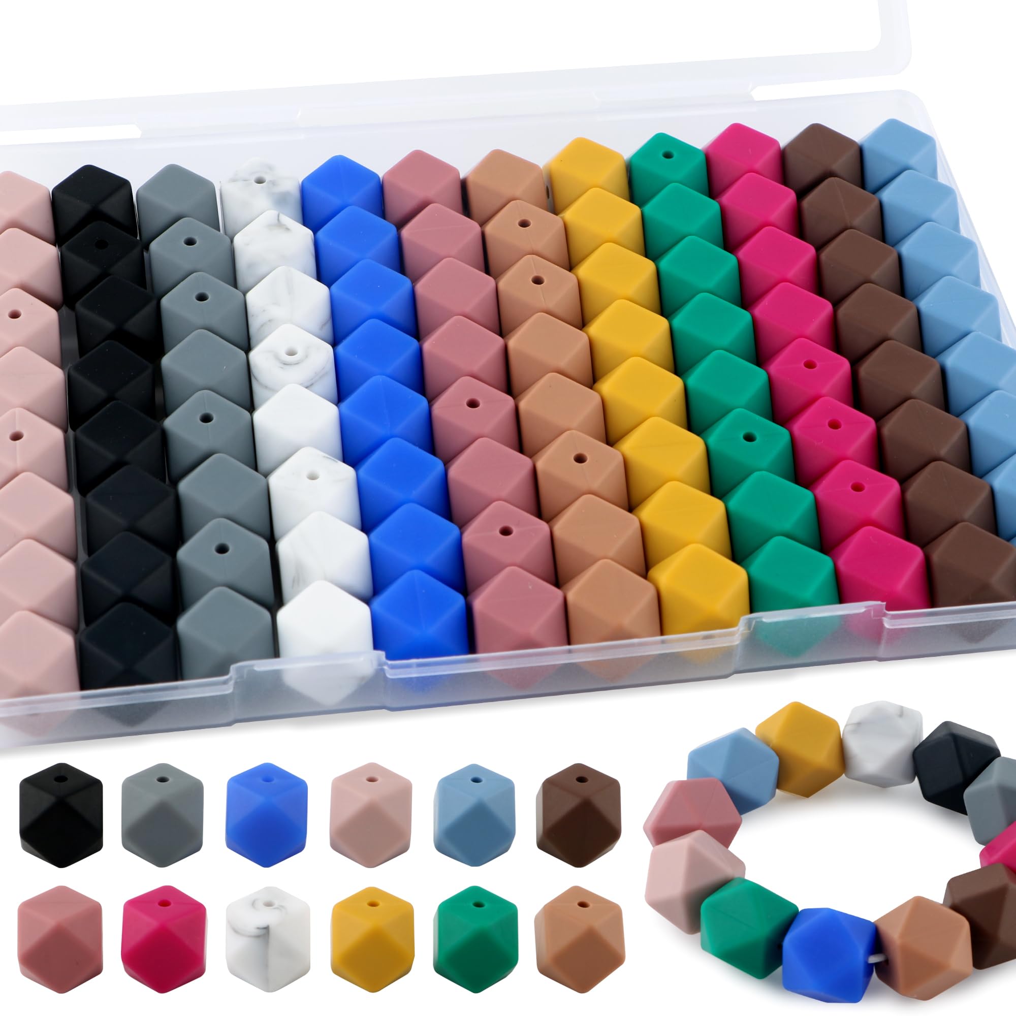 Kovict 96Pcs 14mm Hexagon Silicone Beads, Bulk Silicone Beads for Keychain Bracelet Necklace Making DIY Crafts(Multicolor Deep)