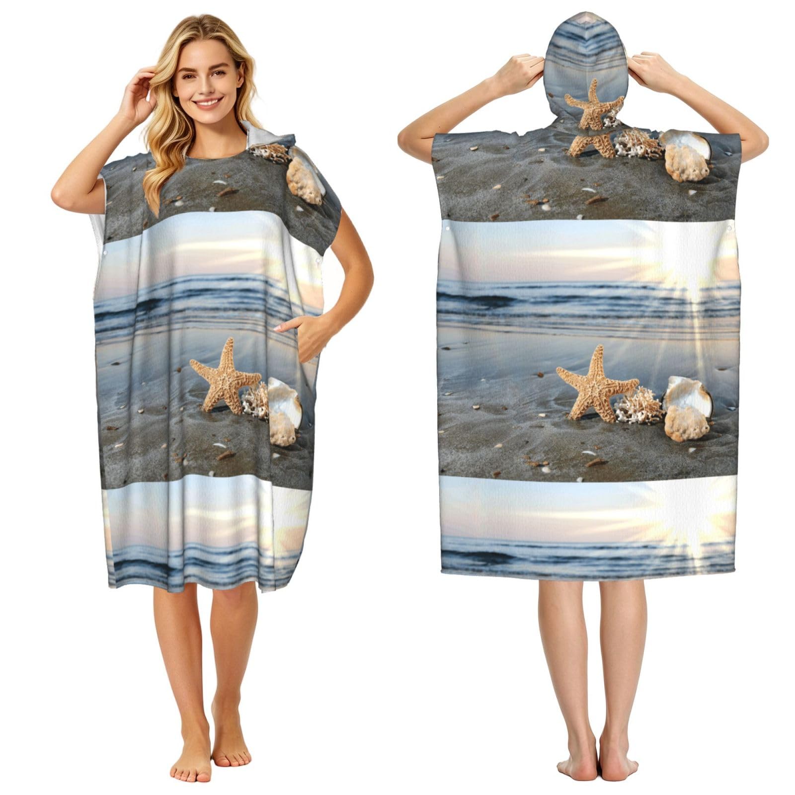 Poadnly Starfish Shell Sunny Beach, Adult Hooded Beach Towel 90 x 110 cm,Changing Bath Robe, Surf Poncho Towel For Women Men