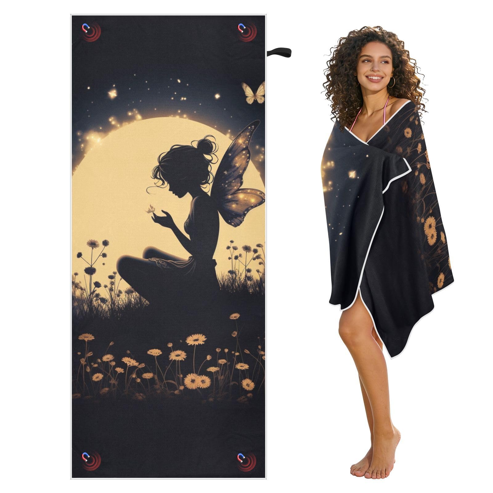 Grandes serviettes de plage avec sacs en maille pour adultes, fée avec papillons, serviette de bain avec fermeture magnétique, anti-sable, serviette absorbante à séchage rapide pour piscine