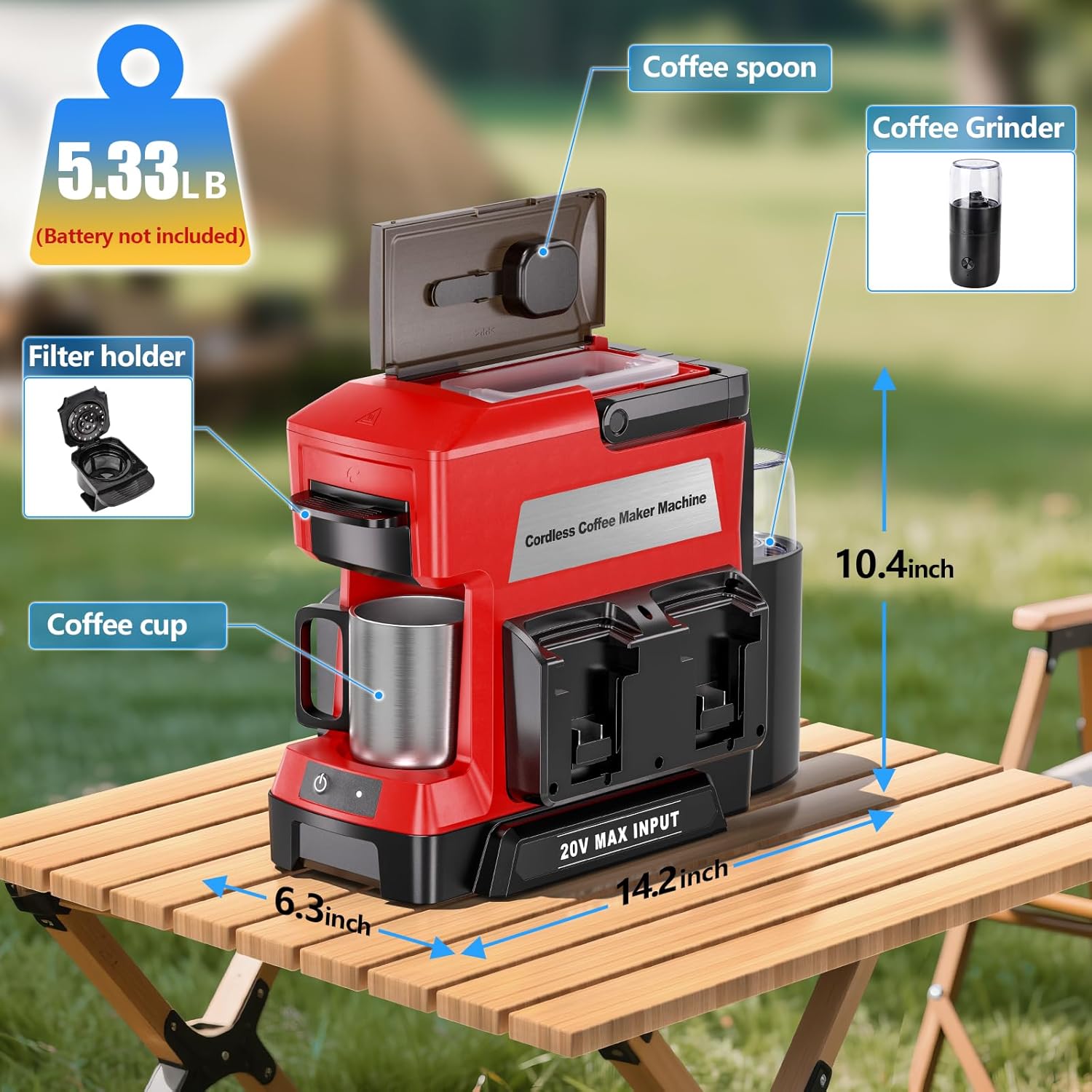 Taingwei Cordless Coffee Maker for Milwaukee M18 18V Battery, Portable Drip Coffee Maker with Electric Coffee Grinder for RV, Camping, Travel, Car, Hiking (Battery Not Included) - Image 6