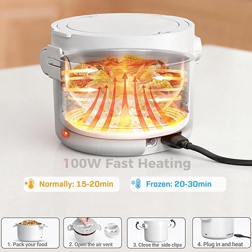 Miniatura 3 de Lonchera eléctrica, calentador de alimentos portátil de 33 onzas, calentamiento rápido de 100 W y acero inoxidable 304 a prueba de fugas, 3 en 1