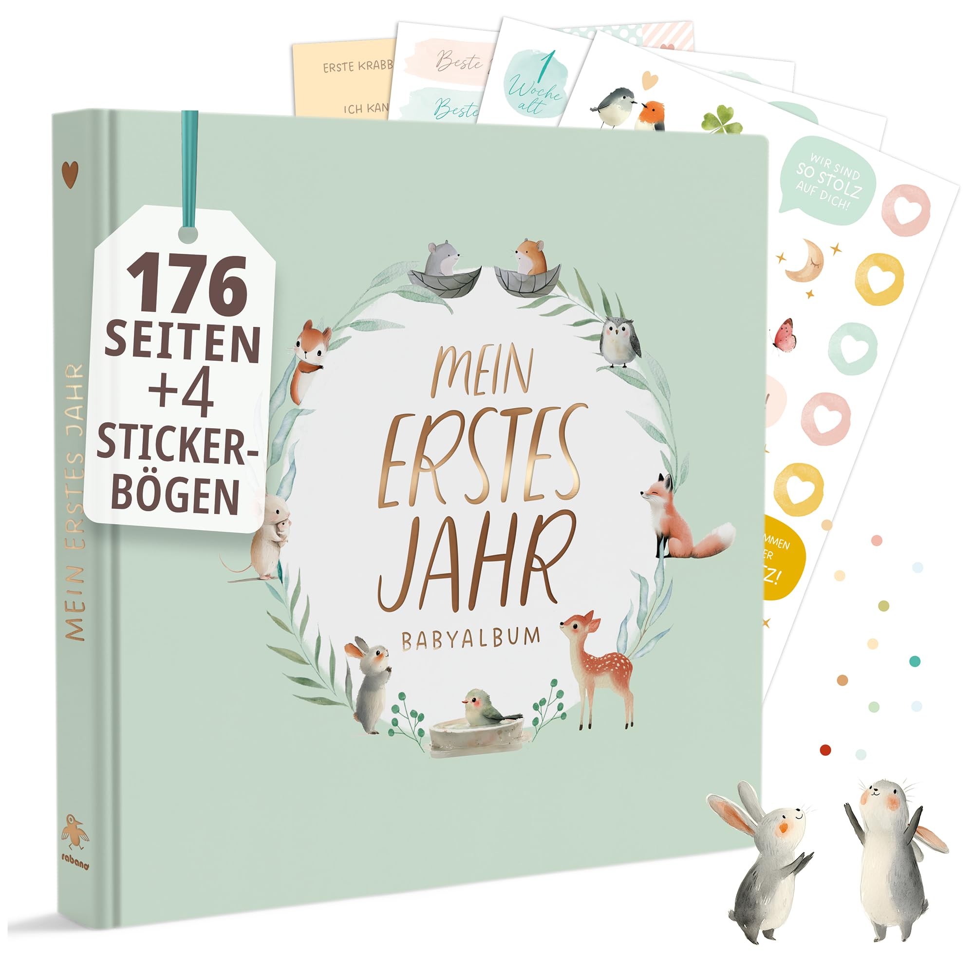 Mein erstes Jahr Babyalbum | PREMIUM Erinnerungsbuch Baby | Hochwertiges Fotoalbum Baby mit Goldprägung I 176 Seiten Baby Tagebuch I Geschenk zur Geburt für Mädchen & Junge - Babygeschenke (Mint)
