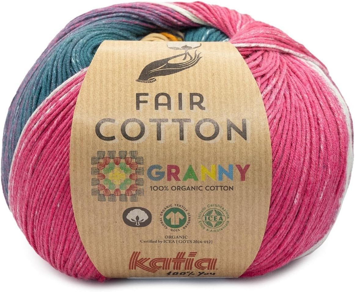 Katia Fair Cotton Granny Yarn + Free Pattern of Granny Square Bag (307 - Lilac-Orange-Green-Fuchsia)