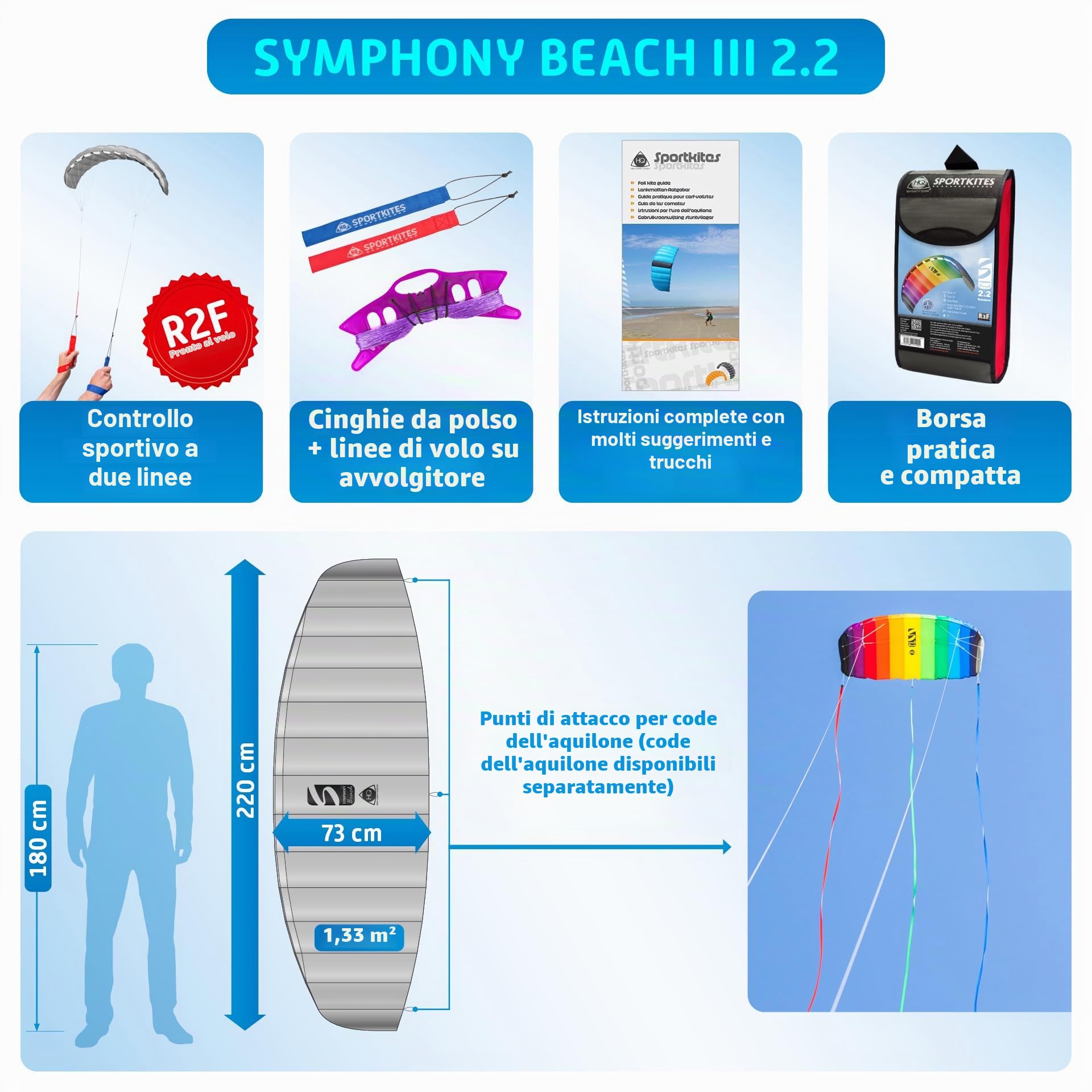 Symphony Beach III 2.2 Arcobaleno Aquilone da trazione a 2 Cavi con Le Straps