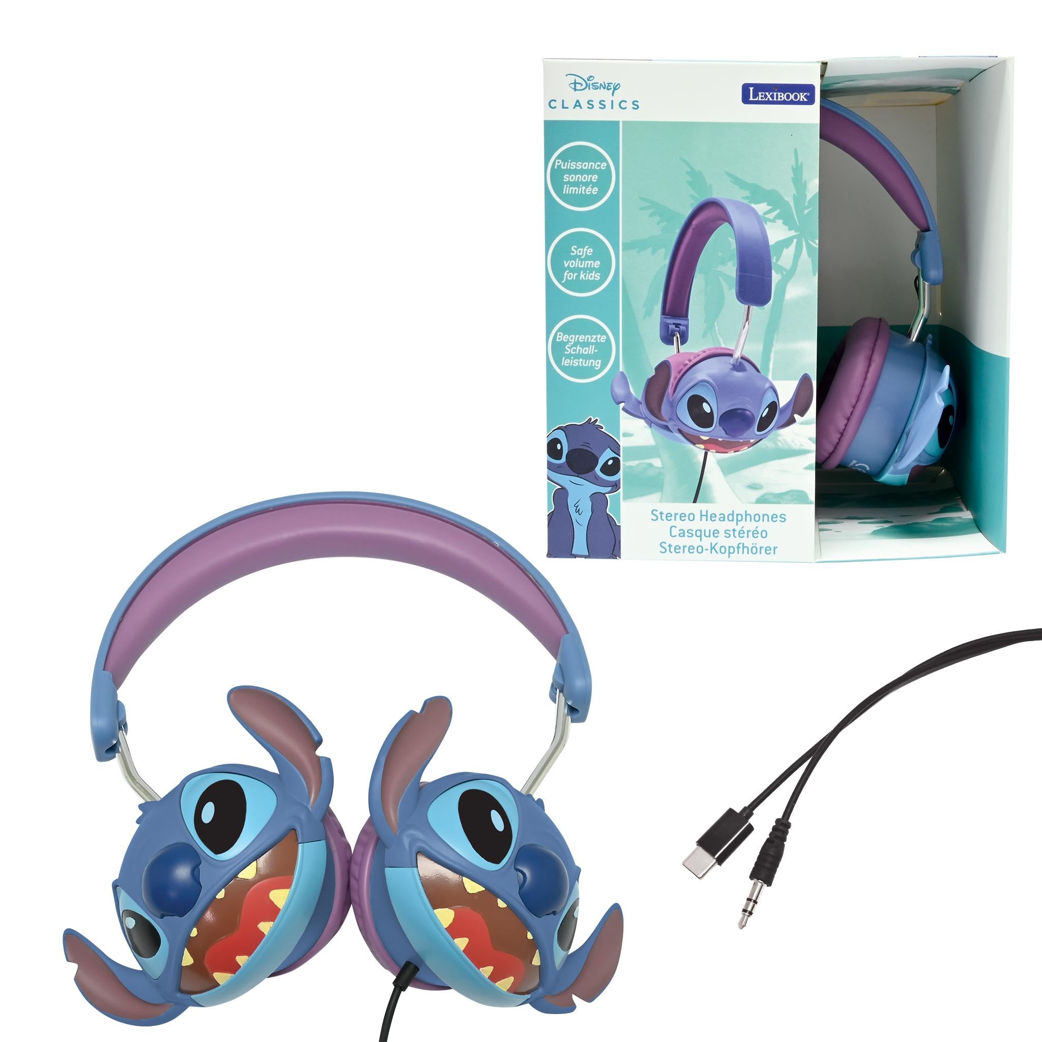 LEXIBOOK, Disney Stitch, Stitch 3D wired stereo headphones, Foldable, Limited sound power, HP015DLXB