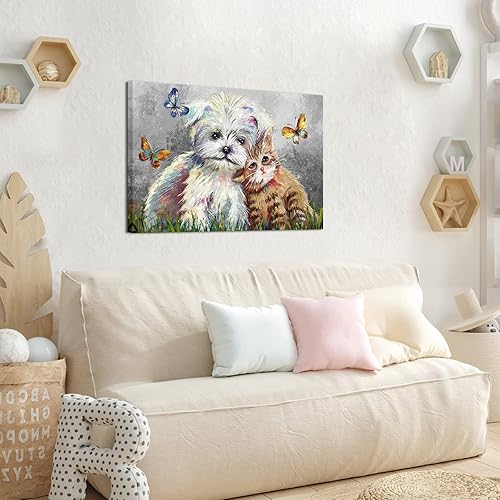 Miniatura 2 de sechars Lienzo decorativo para pared con diseño de animales lindos para niños, bonito cuadro de perro y gato, impresión de amistad con mascotas,