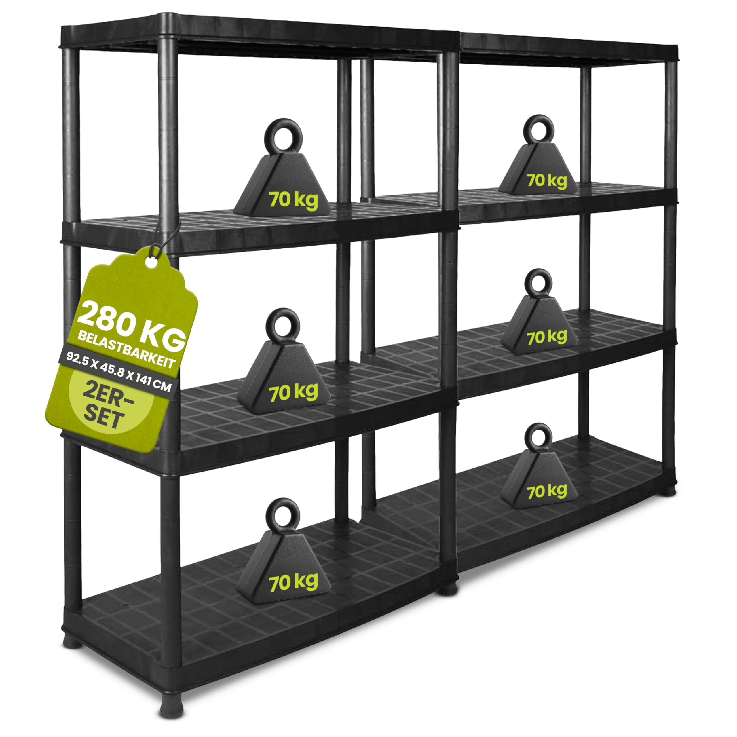 2er-Set DELUXE Schwerlastregale – Kunststoff, 4 Böden, 70 kg pro Boden, 92 × 45 × 141 cm