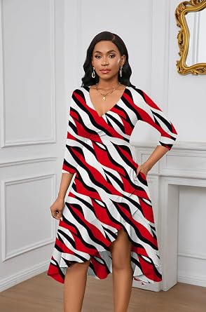 Womens Sexy Midi Summer Dresses | Casual Wrap V Neck 3/4 Sleeve Split Ruffle Hem Dress with Pockets for Beach & Party