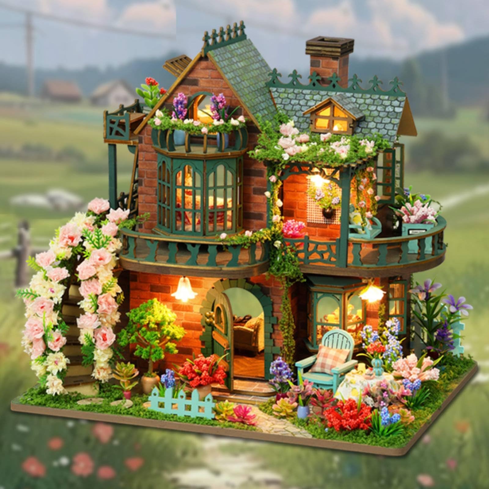Casa in Miniatura Fai da Te Villa Kit Modello Casetta Diorama con Arredamento Completo E Luci LED Calde per Scena Notturna Materiali Legno Tessuto Carta Adatta per Collezionisti Hobbisti Casa