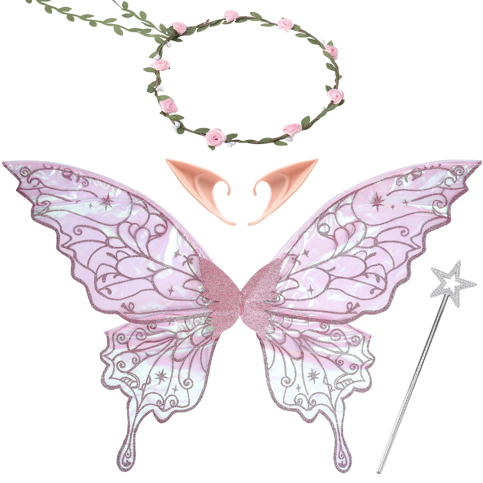 PartyforU 4 x Fairy Wings Elf Ears Flower Wreath Fairy Rod Fancy Dress Costumes Carnival Halloween Costume Renaissance Renfaire FAE Cosplay Fancy Dress Fairycore Party Accessories