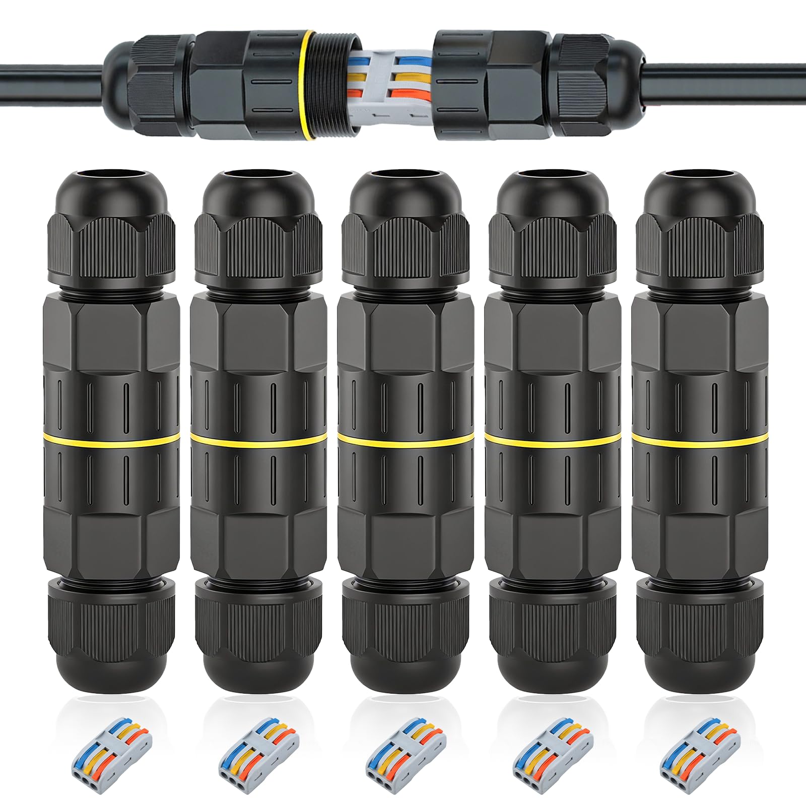 Paquete de 5 Conectores Eléctricos Rápidos IP68 – Caja de Conexiones Impermeable sin Tornillos para Cables 3.5-8mm – Empalmes Eléctricos para Exteriores – Conector Eléctrico Impermeable Negro