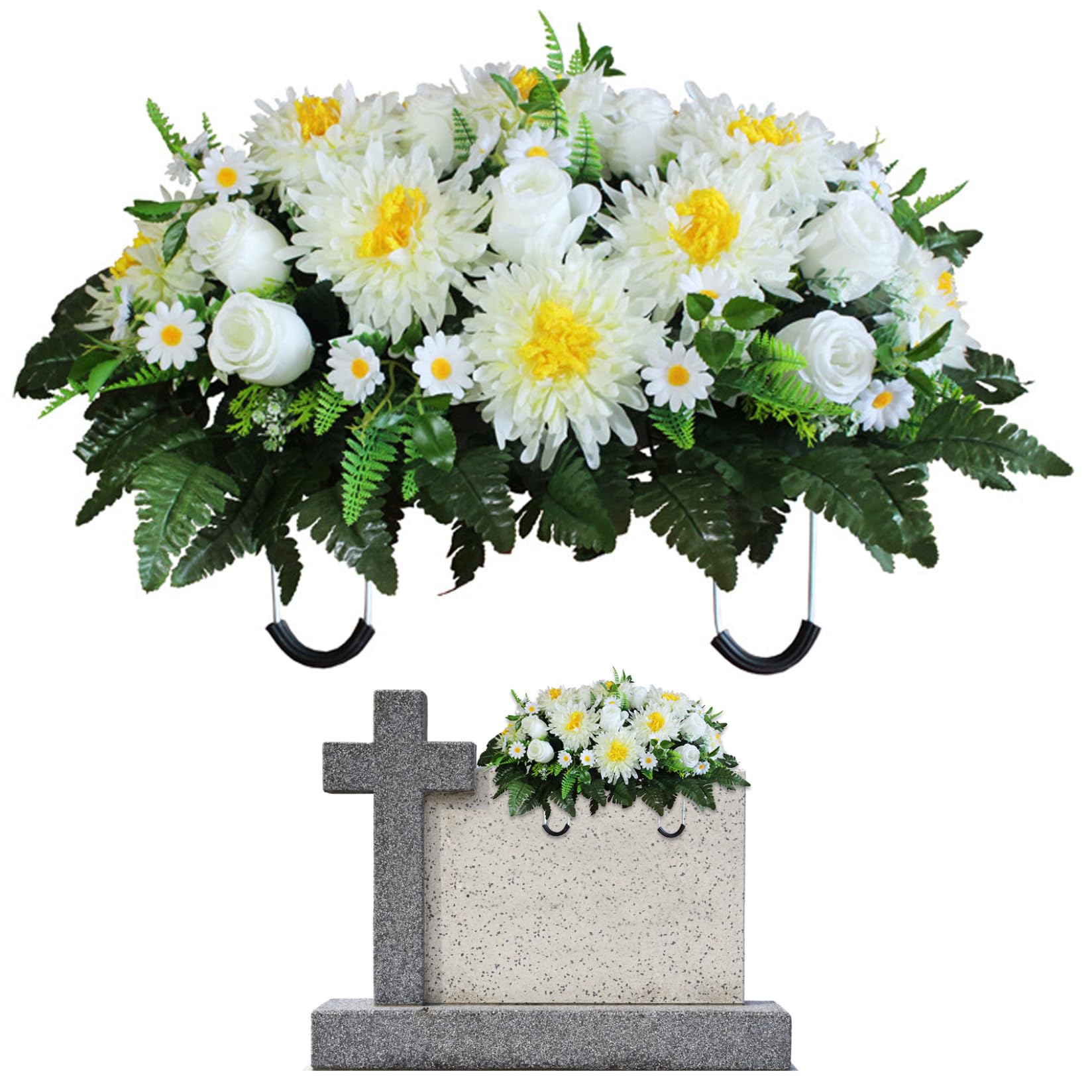 Garrrdenfurni Cemetery Flowers for Grave Artificial Grave Flowers Realistic Cemetery with Saddle Silk Chrysanthemum 25.2x18.5in Memorial Decorative, White