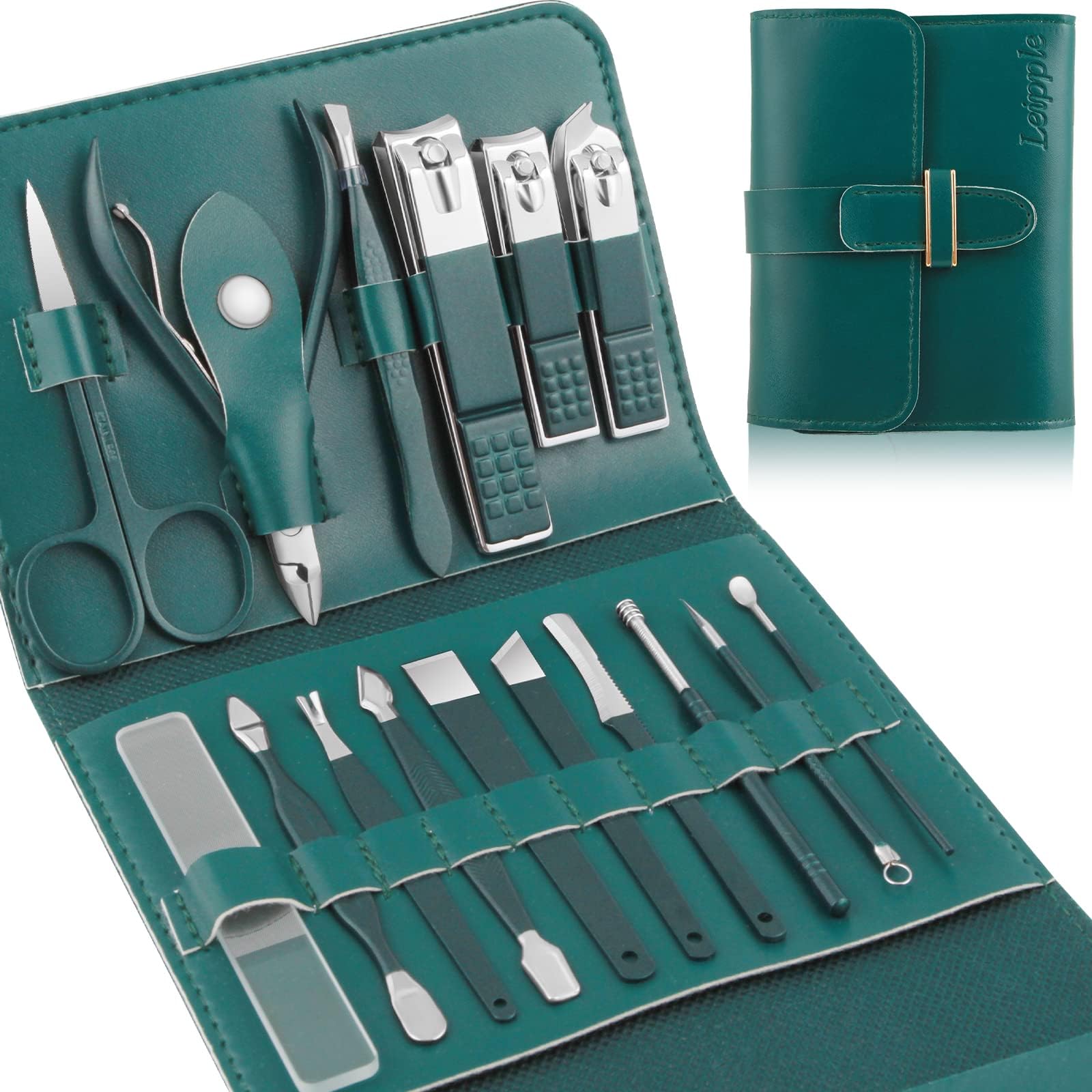 Manicure Set Professional Nail Clippers Pedicure Kit, 16 pcs Stainless Steel Nail Care Tools Grooming Kit with Luxurious Travel Leather Case for Thick Nails Men Women Gift (Green)