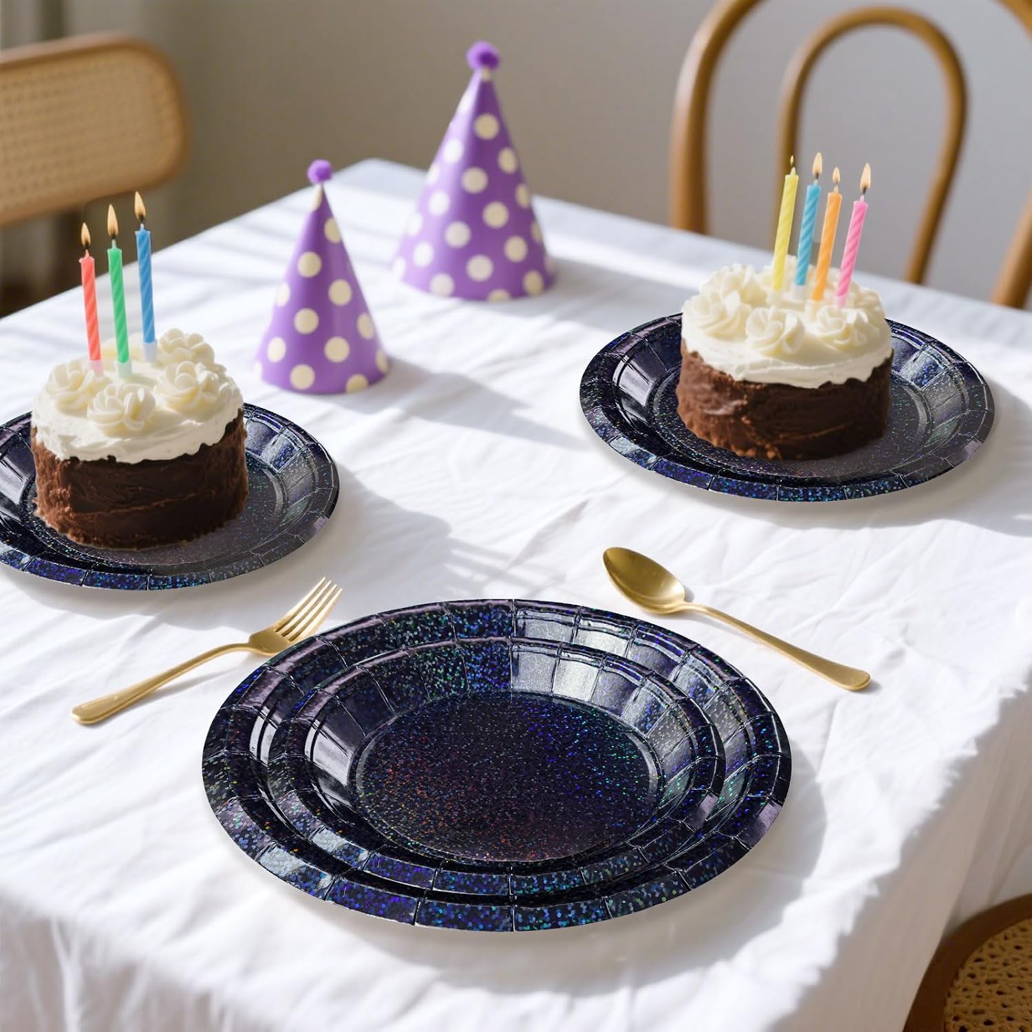 50 Pcs Iridescent Black Paper Plates 25 × 7'' and 25 × 9'' Disposable Black Shiny Holographic Foil Dinner Plates for Wedding Baby Shower Birthday Halloween Party Glitter Dessert Plate