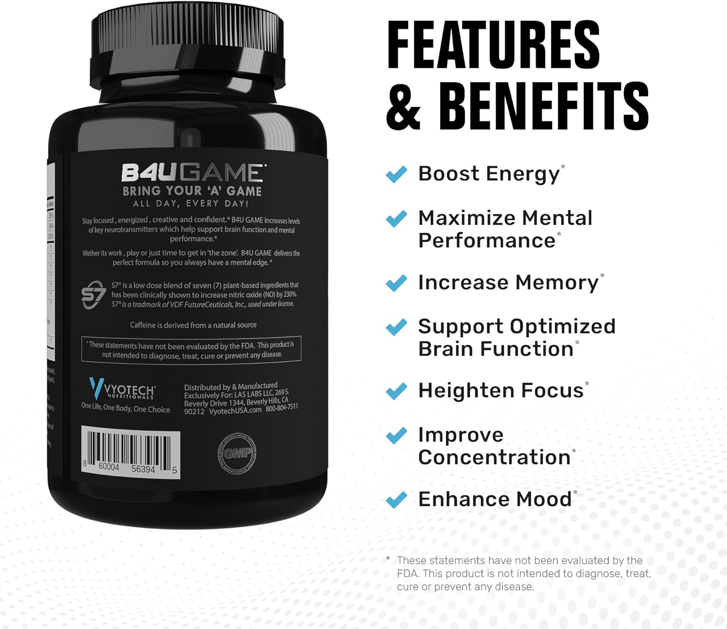B4UGAME Brain Booster Supplement | Max Mental Performance | Nootropic for Focus, Clarity, Memory, Mood, Energy & Concentration | DMAE, L-Tyrosine, Alpha-GPC, S7® Blend | 3rd Party Tested | 60 Capsules
