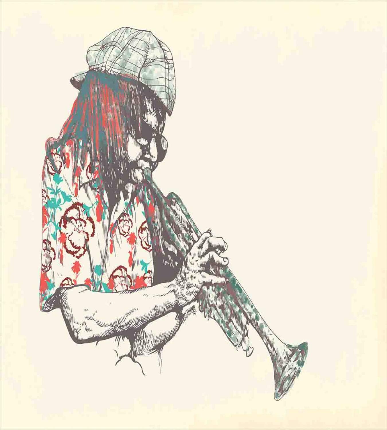 Ambesonne New Orleans Duvet Cover Set, Trumpet Player Hand Drawn Illustration of a Musician People of Color, Decorative 3 Piece Bedding Set with 2 Pillow Shams, Queen Size, Cream Vermilion Teal