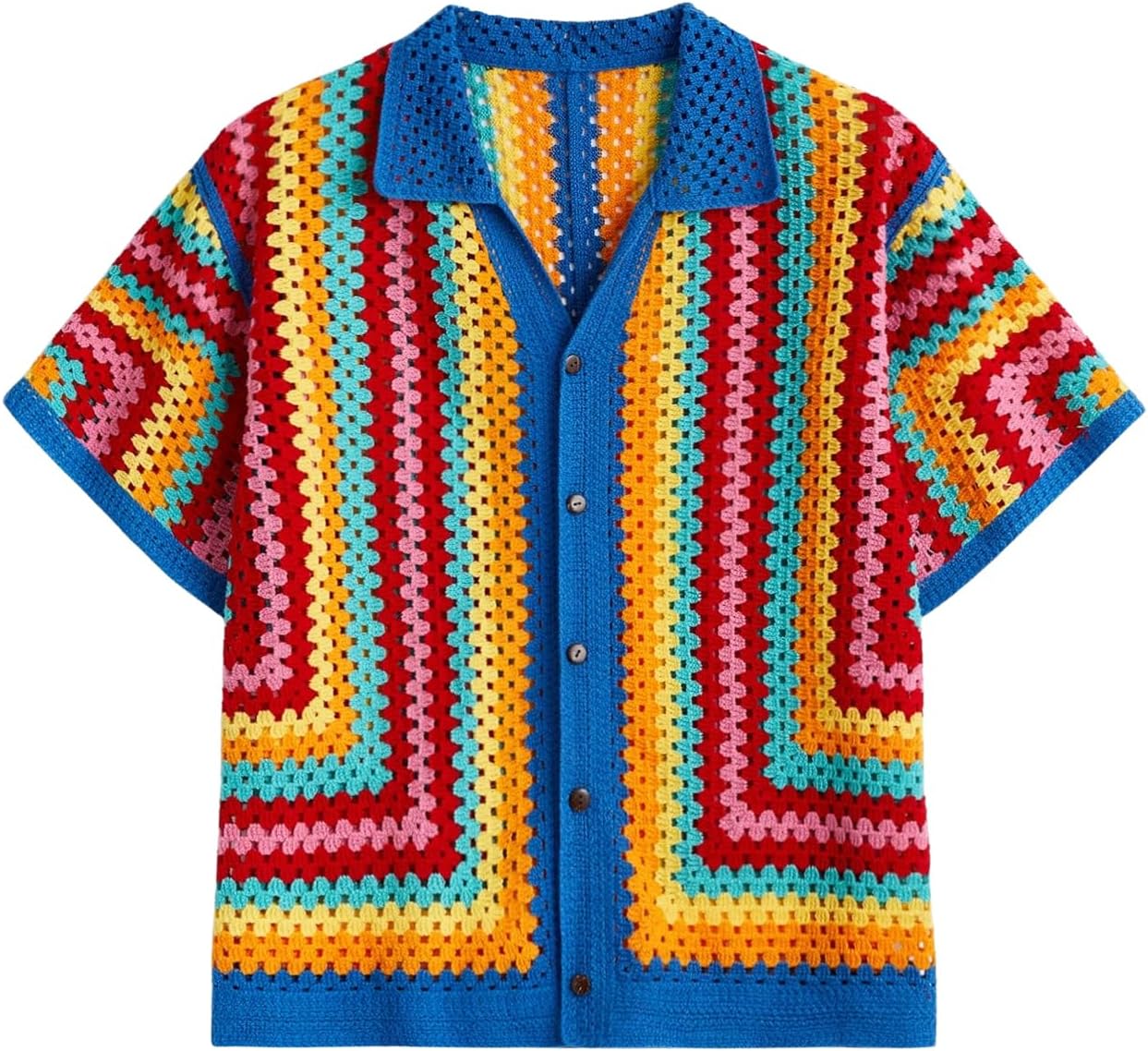 Verdusa Men's Short Sleeve Hollow Out Knit Shirts Collar Button Up Striped Sweater