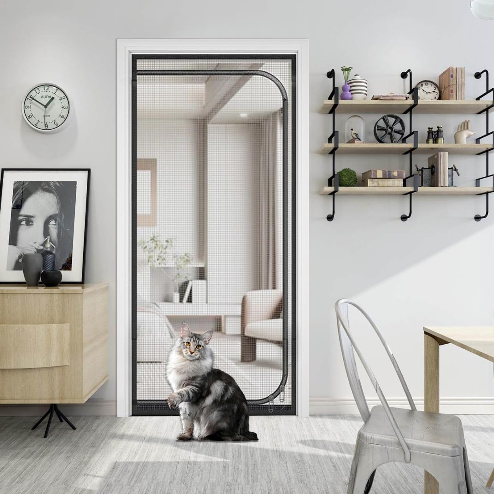 Rejilla para gatos, puerta de balcón, engrosada para perros y gatos, con cremallera, red de puerta para evitar que el gato se salga, rejilla de protección para gatos para salón, dormitorio (negro, 80